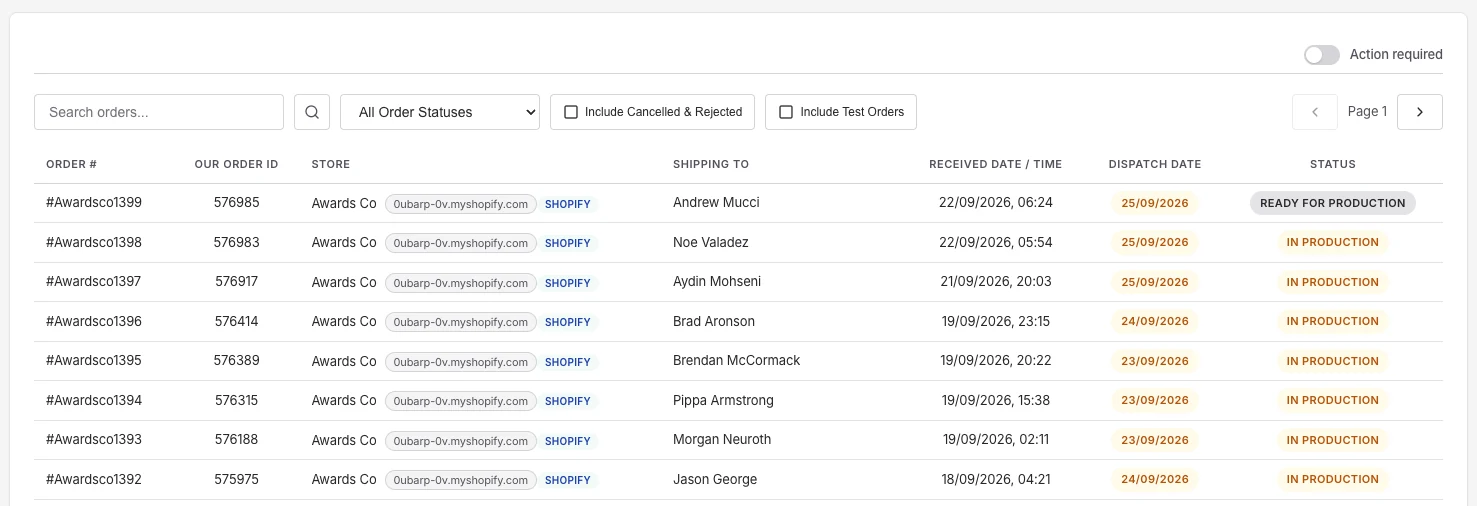 The MyPrintStreet order dashboard: orders from every connected store in one queue, each with its status